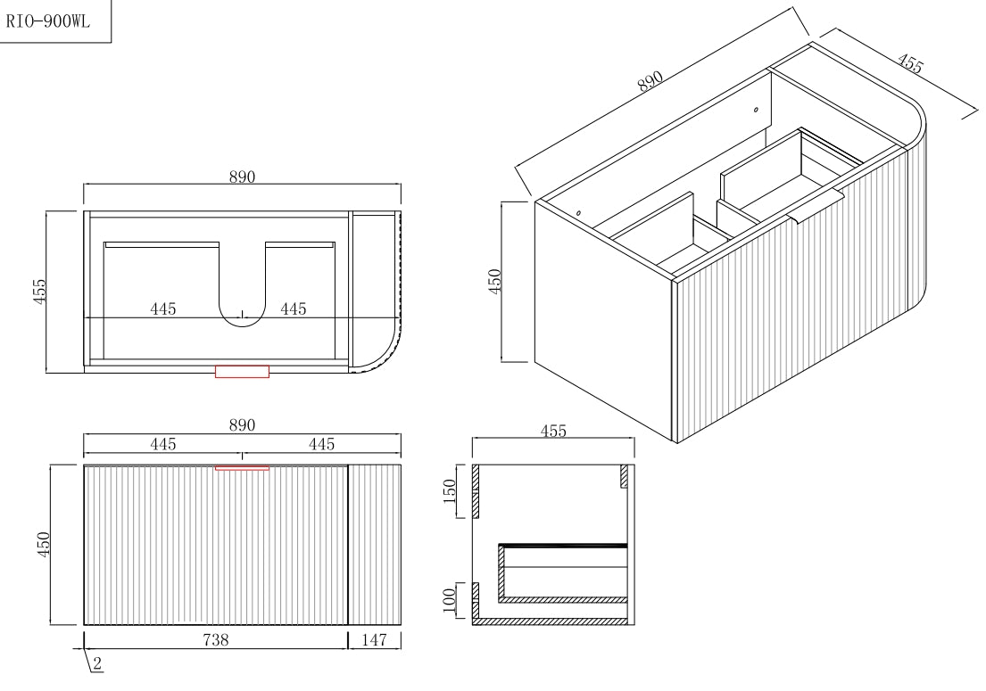 INFINITY Rio Left Corner Fluted Wall Hung Vanity – Matte White | 600–1500mm