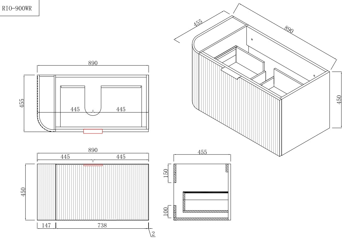 INFINITY Rio Right Corner Fluted Wall Hung Vanity – Matte White | 600–1500mm