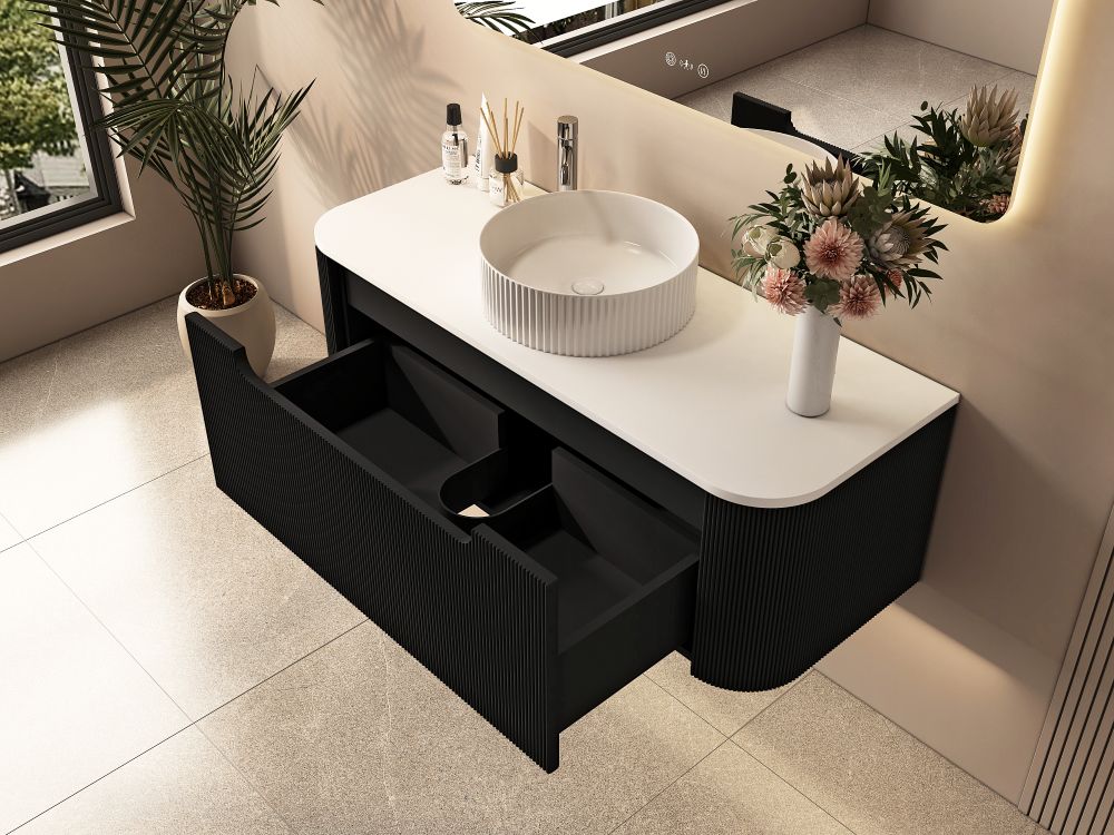 MERCIO Rome Matt Black Fluted Curved Wall-Hung Vanity 600-1500mm