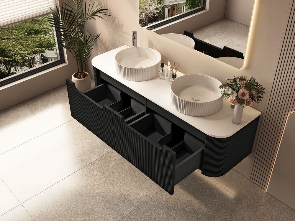 MERCIO Rome Matt Black Fluted Curved Wall-Hung Vanity 600-1500mm