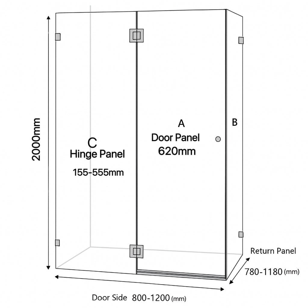Sunny Ultra Clear Square Frameless Pivot Door Shower Screen 800–1200×2000mm —Knob Handle