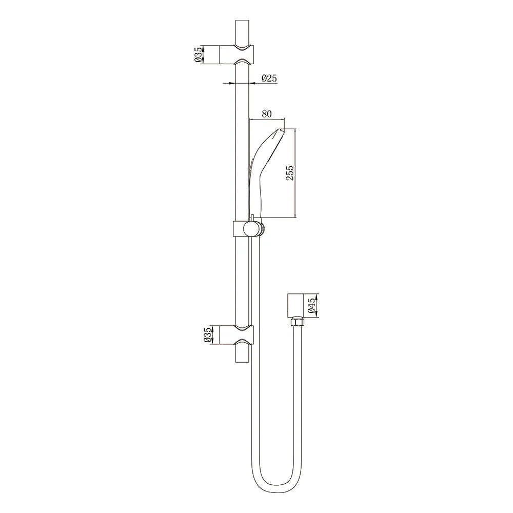 Technical drawing of AMOZA 5-Function Hand Shower on Rail Set with dimensions on a white background