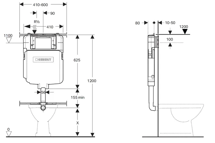 Technical diagram of concealed cistern for wall-mounted toilet, bathroom renovation supply