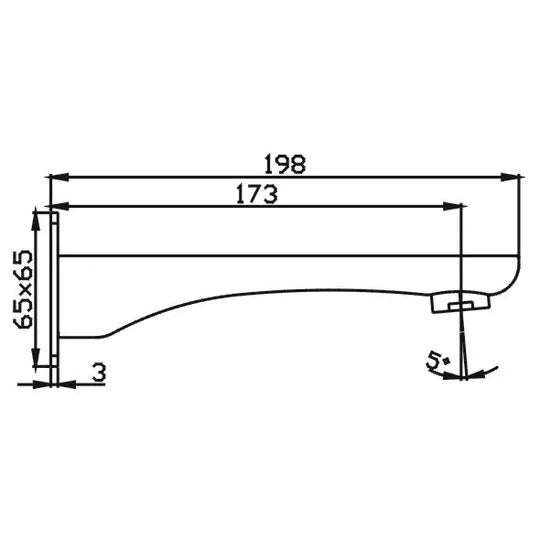 Technical drawing of a bath spout with measurements, Secasa Home bathroom tapware.