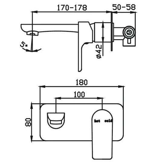 Technical drawing of modern bathroom wall mixer tap with dimensions, Secasa Home tapware