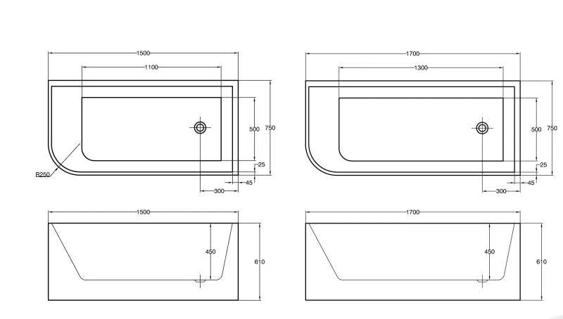 Sunny 1500–1700mm Gloss White Rectangle Acrylic Corner Back Bathtub – Left or Right Installation
