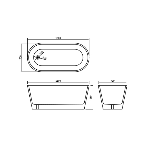 Sunny 161 1500–1700×750×600mm Gloss White Oval Acrylic Freestanding Bathtub