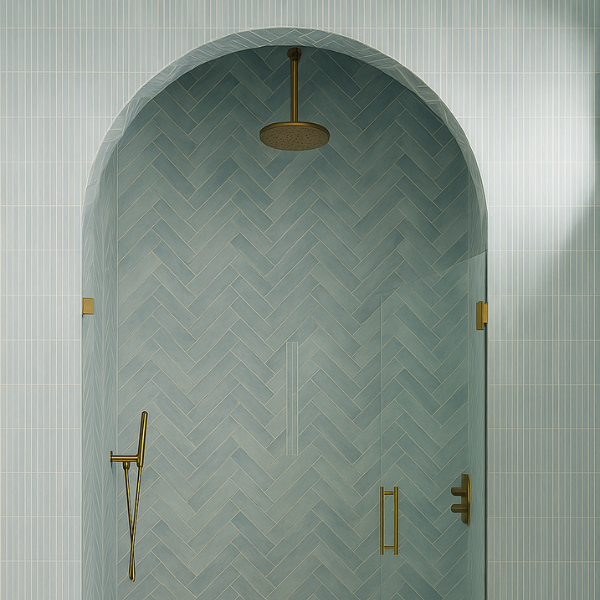 Shower enclosure with herringbone patterned wall and gold fixtures