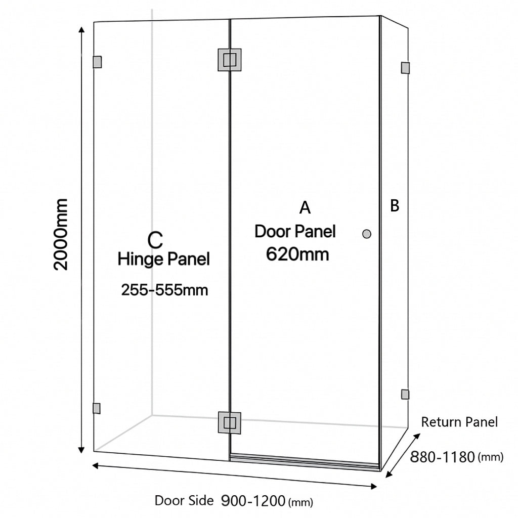 Sunny Square Frameless Pivot Door Shower Screen 900–1200×2000mm — Knob Handle