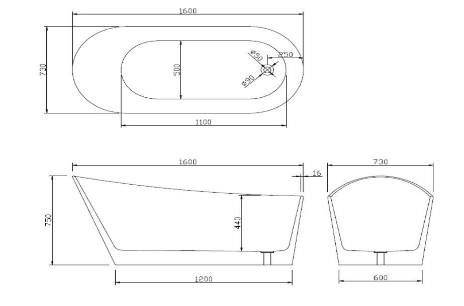 Sunny 175 1600×730×750mm Gloss White Special Shape Acrylic Freestanding Bathtub