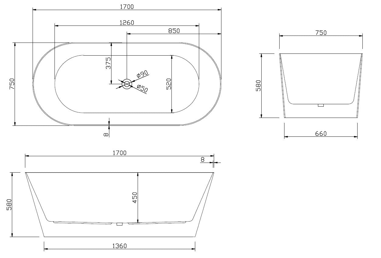 Sunny 179 1500–1700×750×580mm Gloss White Oval Acrylic Freestanding Bathtub