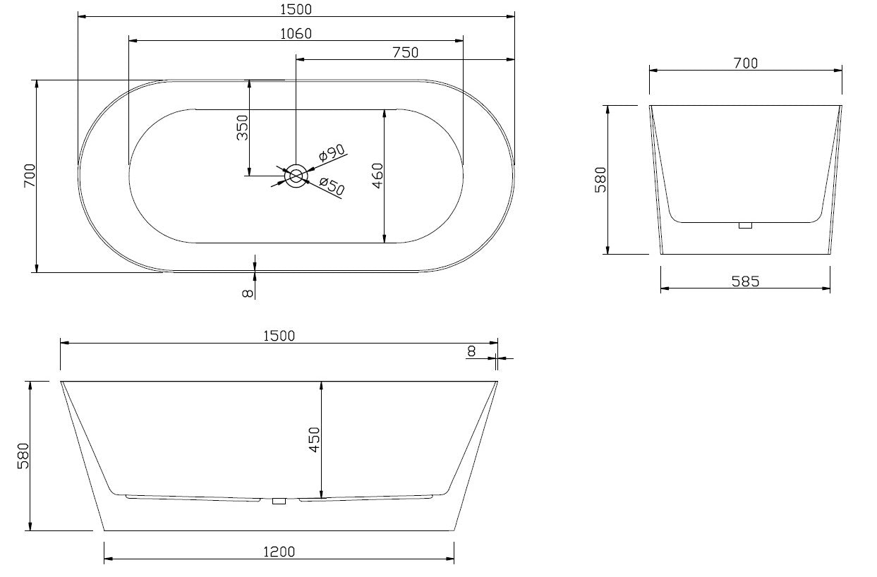 Sunny 179 1500–1700×750×580mm Gloss White Oval Acrylic Freestanding Bathtub