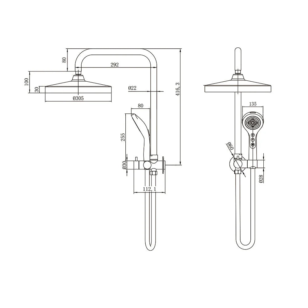 Technical drawing of AMOZA 300mm Dual Function Twin Shower Set with dimensions on a white background