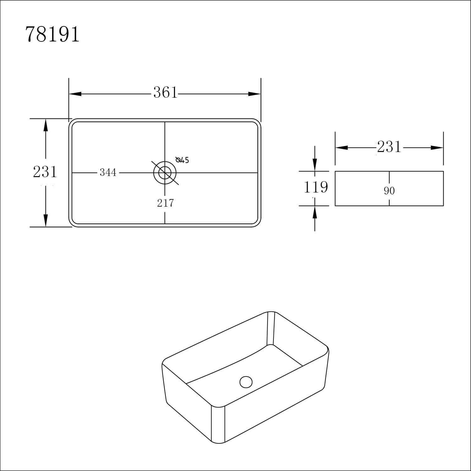 Technical diagram of Lukka Crete basin LK-CA360 with dimensions 361x231x119mm, Secasa Home.