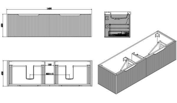 Technical drawing of a Secasa Home modern double bathroom vanity with dimensions and fluted design