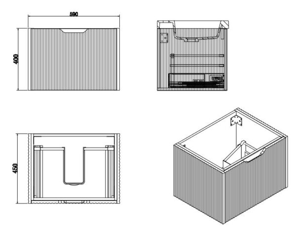 Technical drawing of a modern bathroom vanity with fluted panels, Secasa Home bathroom furniture.