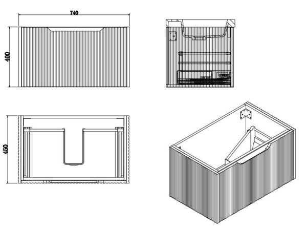 Modern bathroom vanity technical drawing with dimensions 740x400x450mm, Secasa Home