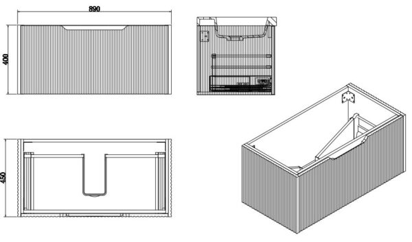 Modern bathroom vanity technical drawing with fluted front, Secasa Home renovation product