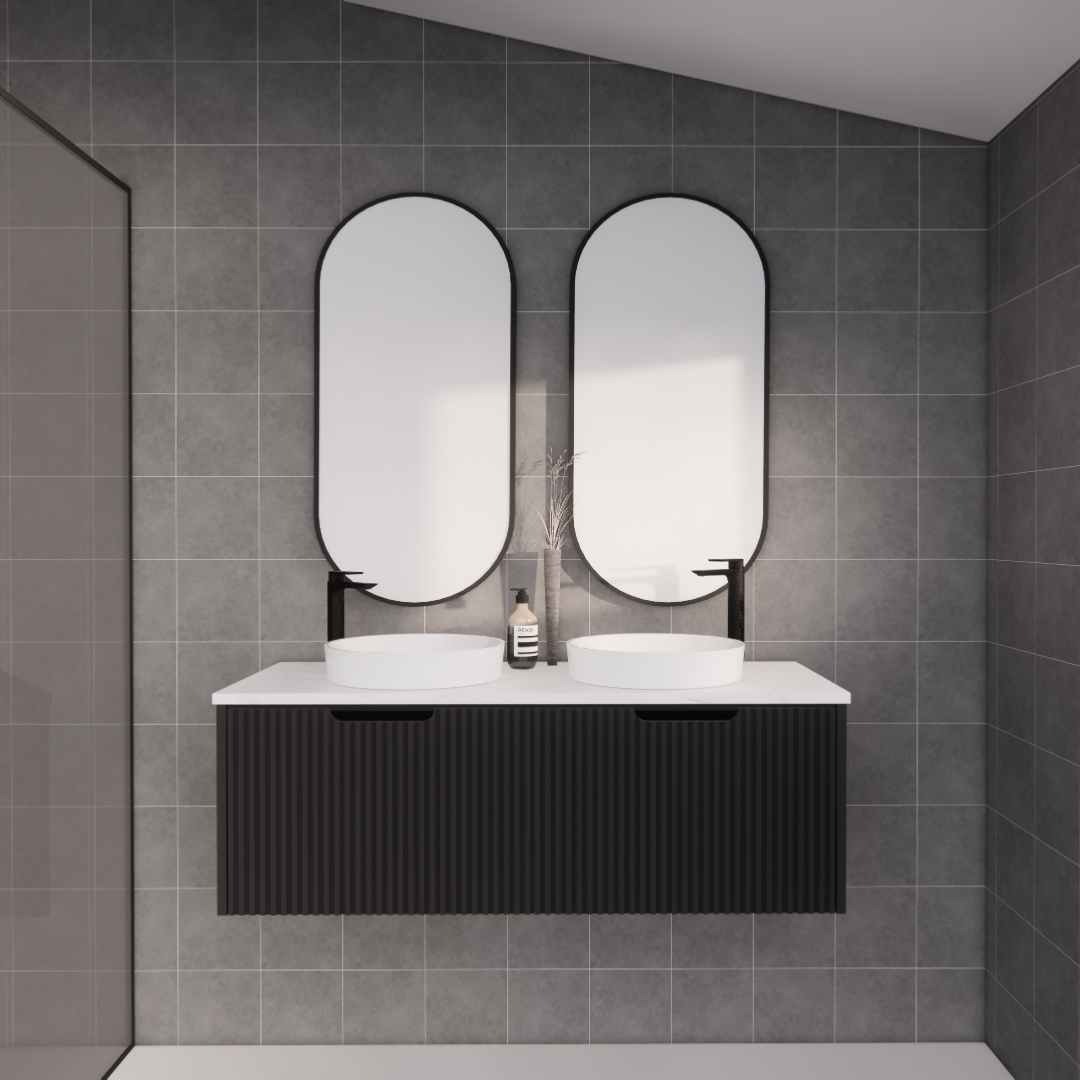 Modern black double bathroom vanity with vessel sinks, twin mirrors, and matte tapware in a tiled setting