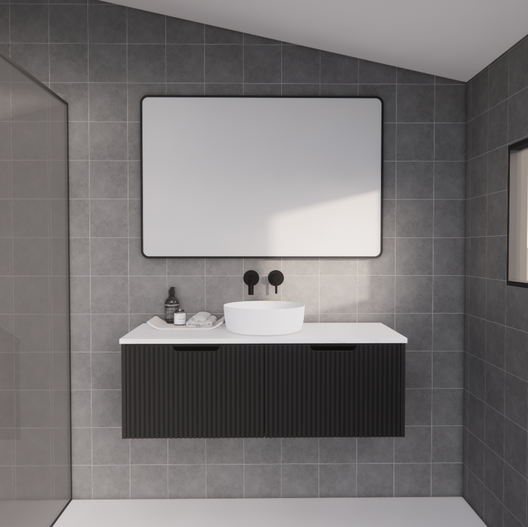 Modern bathroom vanity with black fluted cabinet, white basin, and matte black tapware