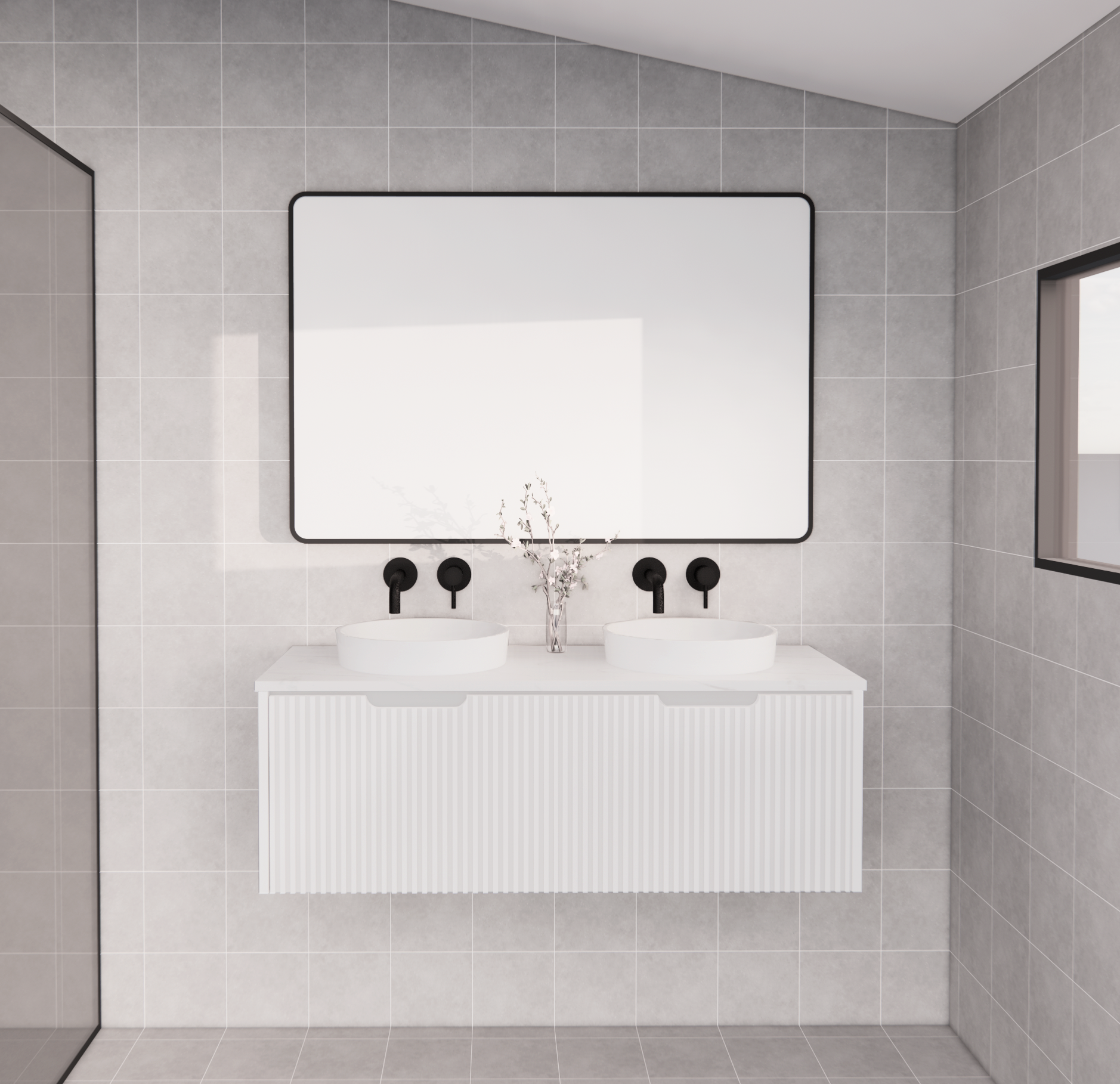 Modern white double bathroom vanity with vessel sinks and black tapware in a tiled bathroom, Secasa Home.