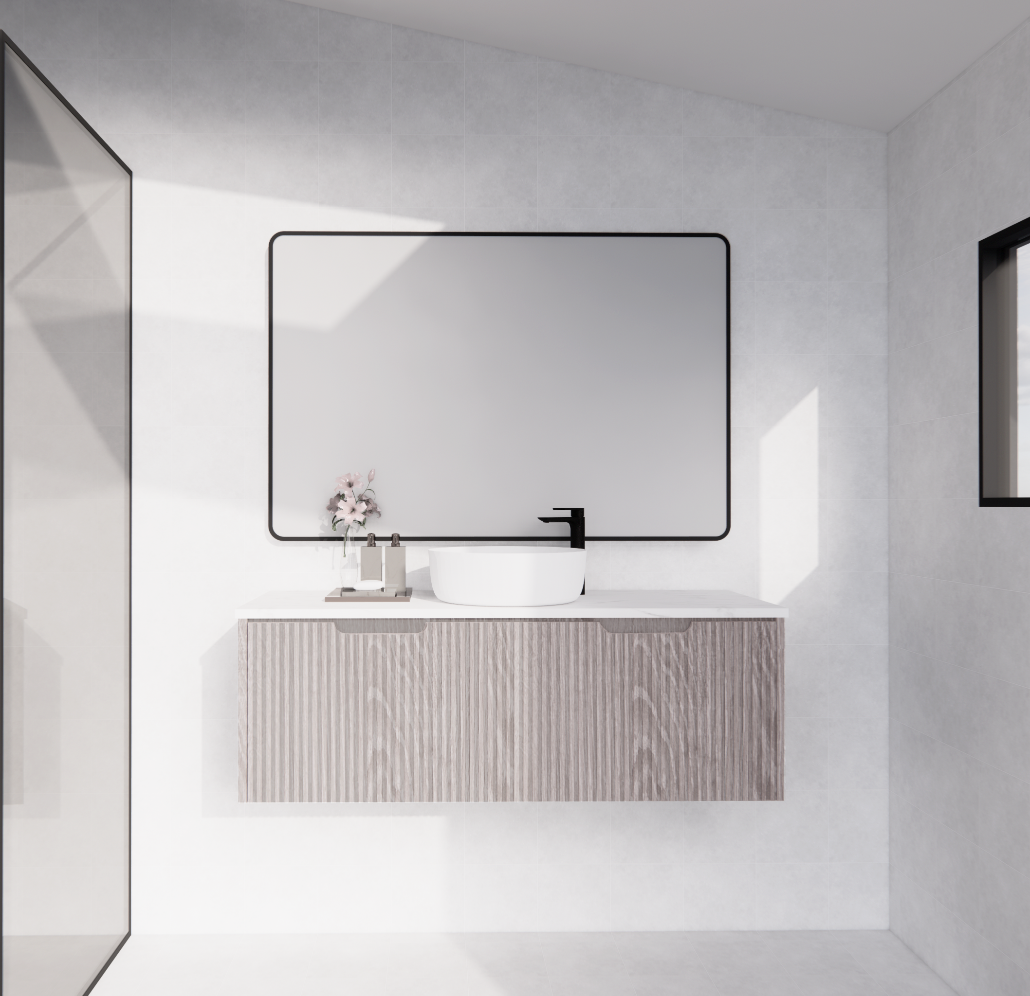 Modern grey bathroom vanity with fluted wood panel design, white basin, black tap, large mirror