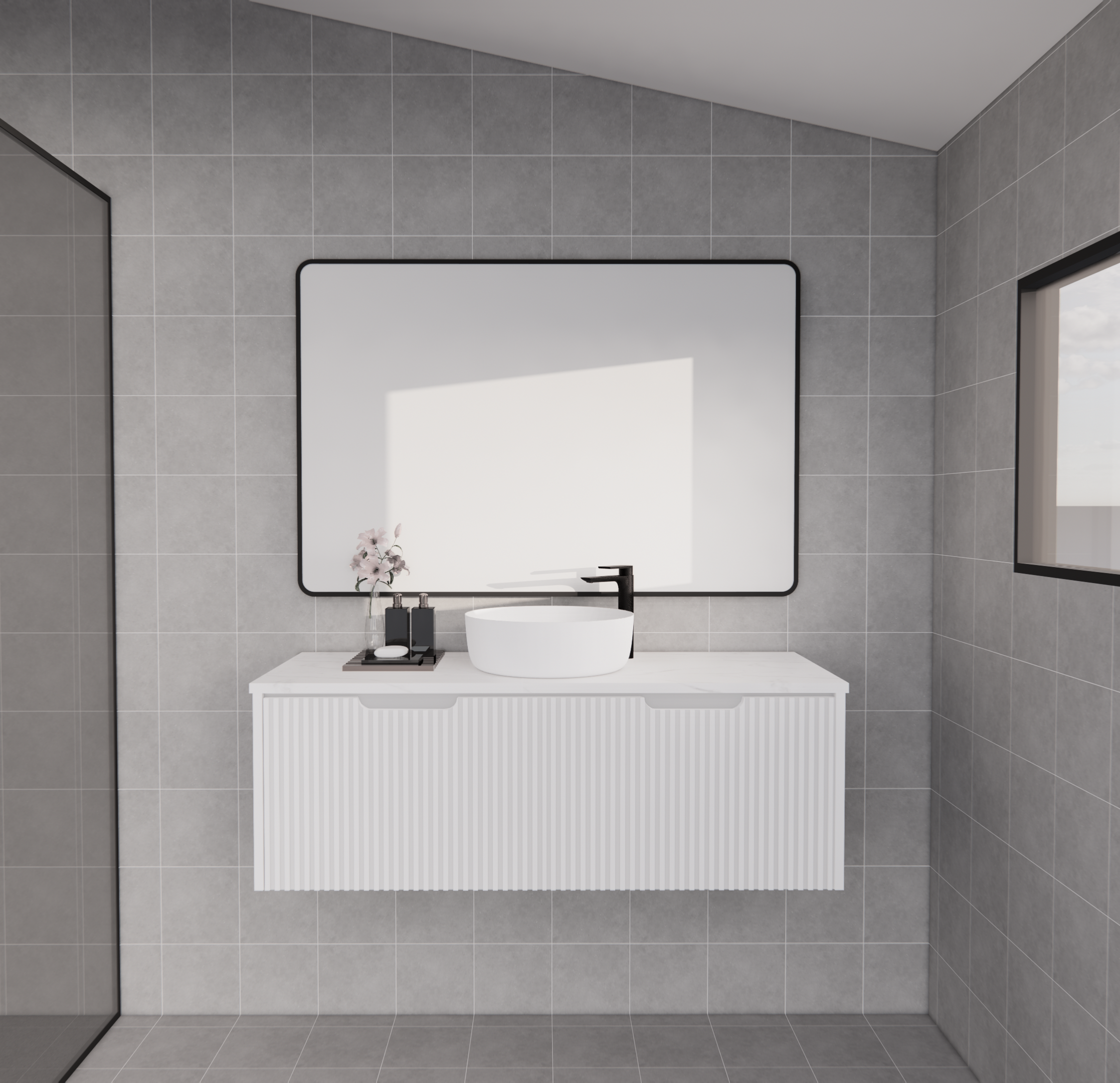 Modern bathroom with white fluted floating vanity, round basin, black tap, large mirror