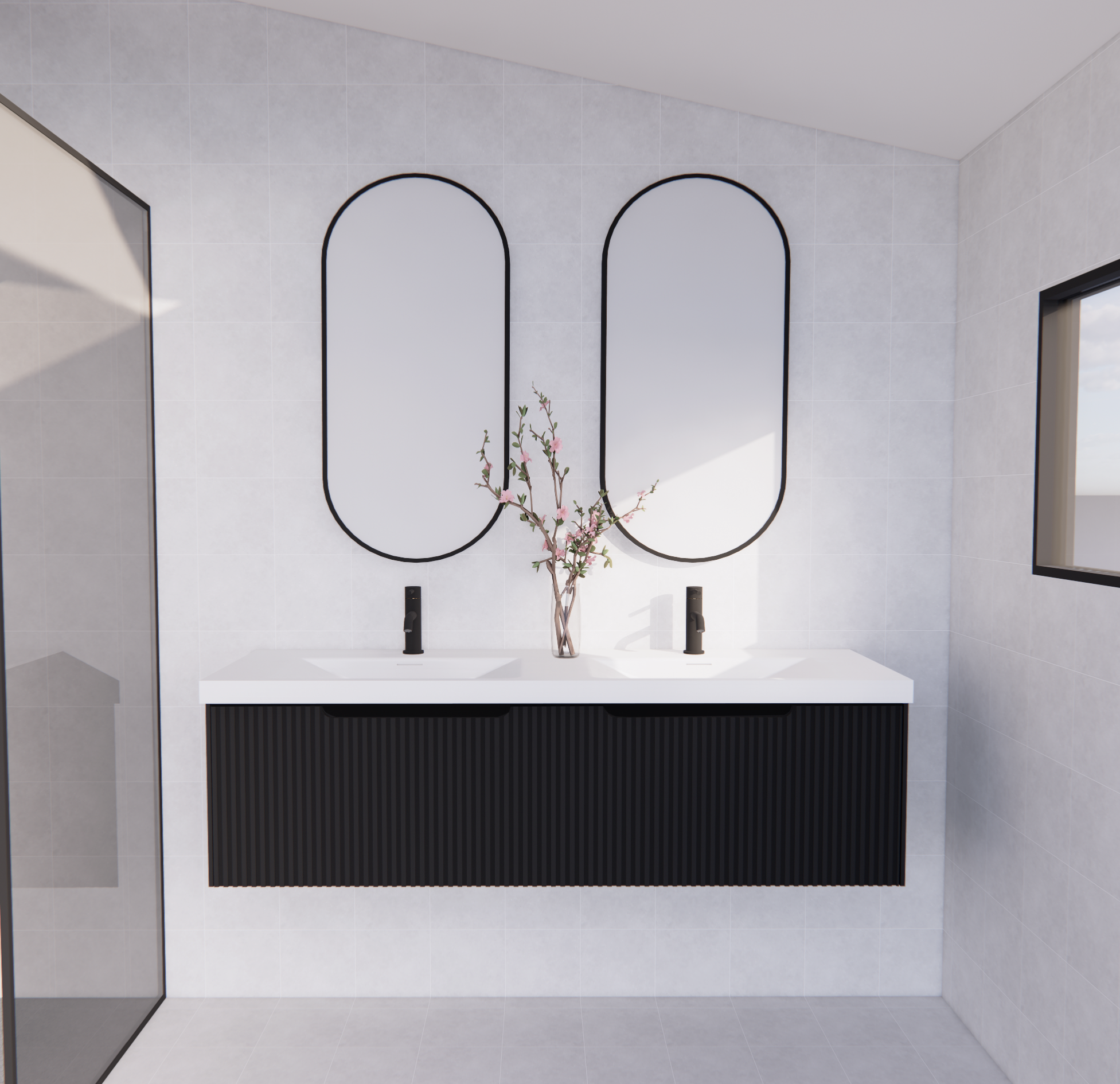 Modern bathroom with black double vanity, twin mirrors, and minimalist decor from Secasa Home