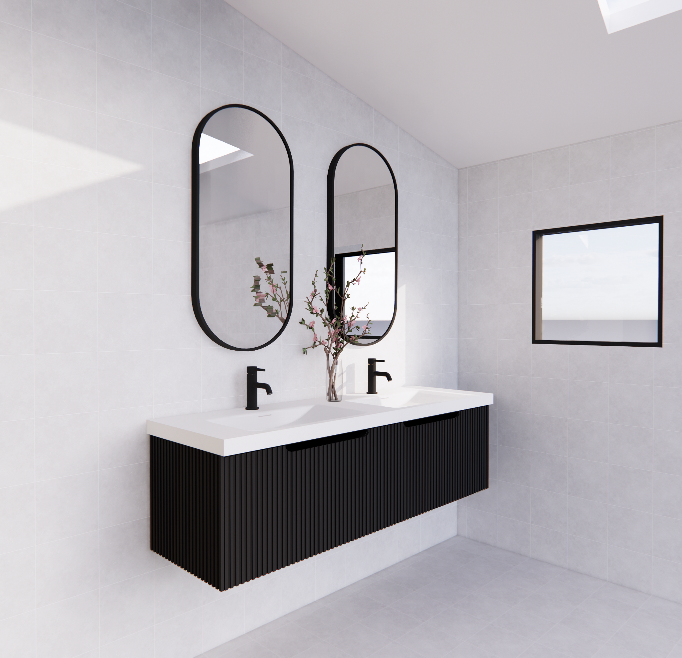 Modern black double bathroom vanity with white top, black tapware, two mirrors, and minimalist decor