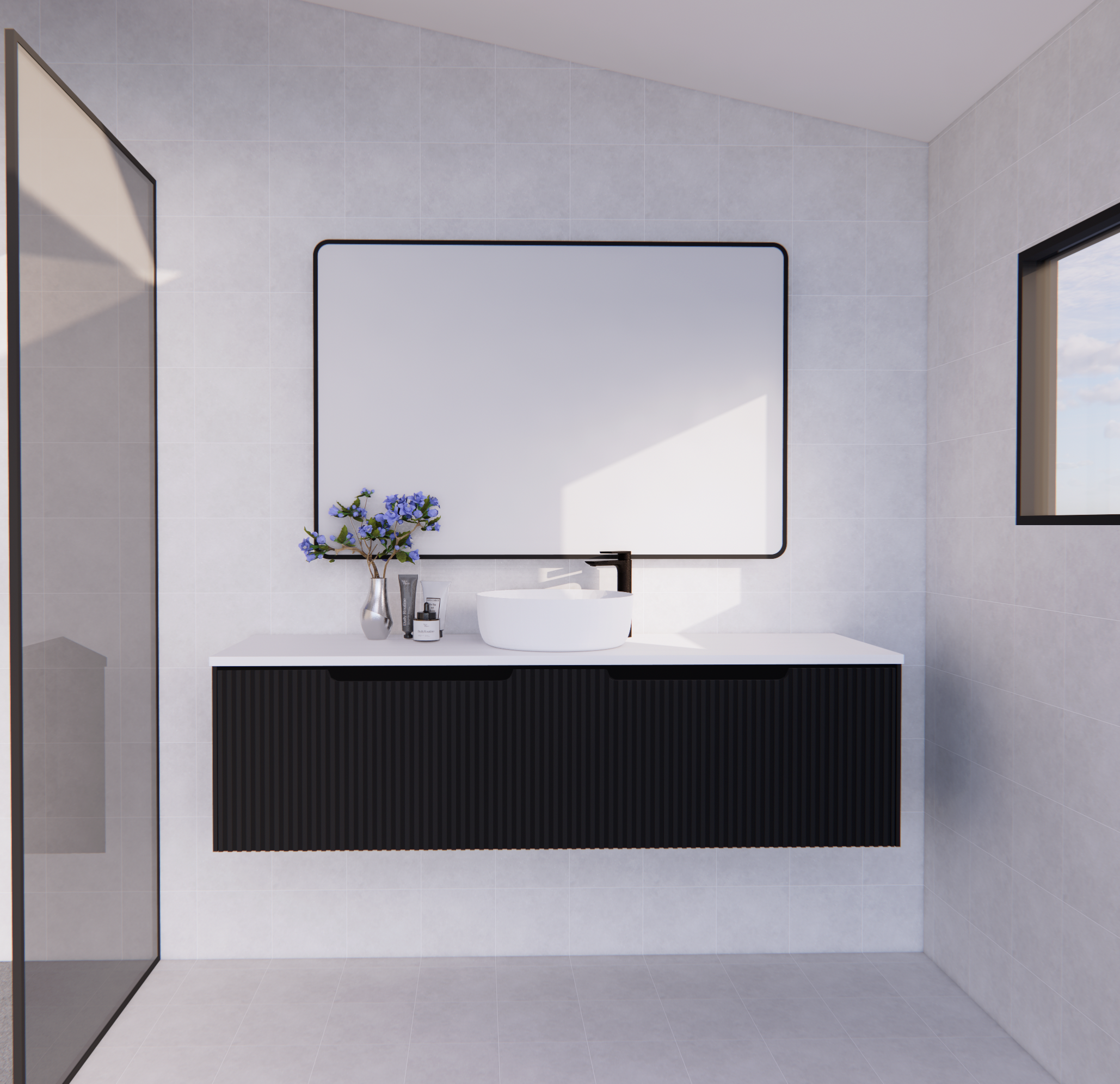 Modern bathroom with black floating vanity, vessel sink, and large mirror from Secasa Home