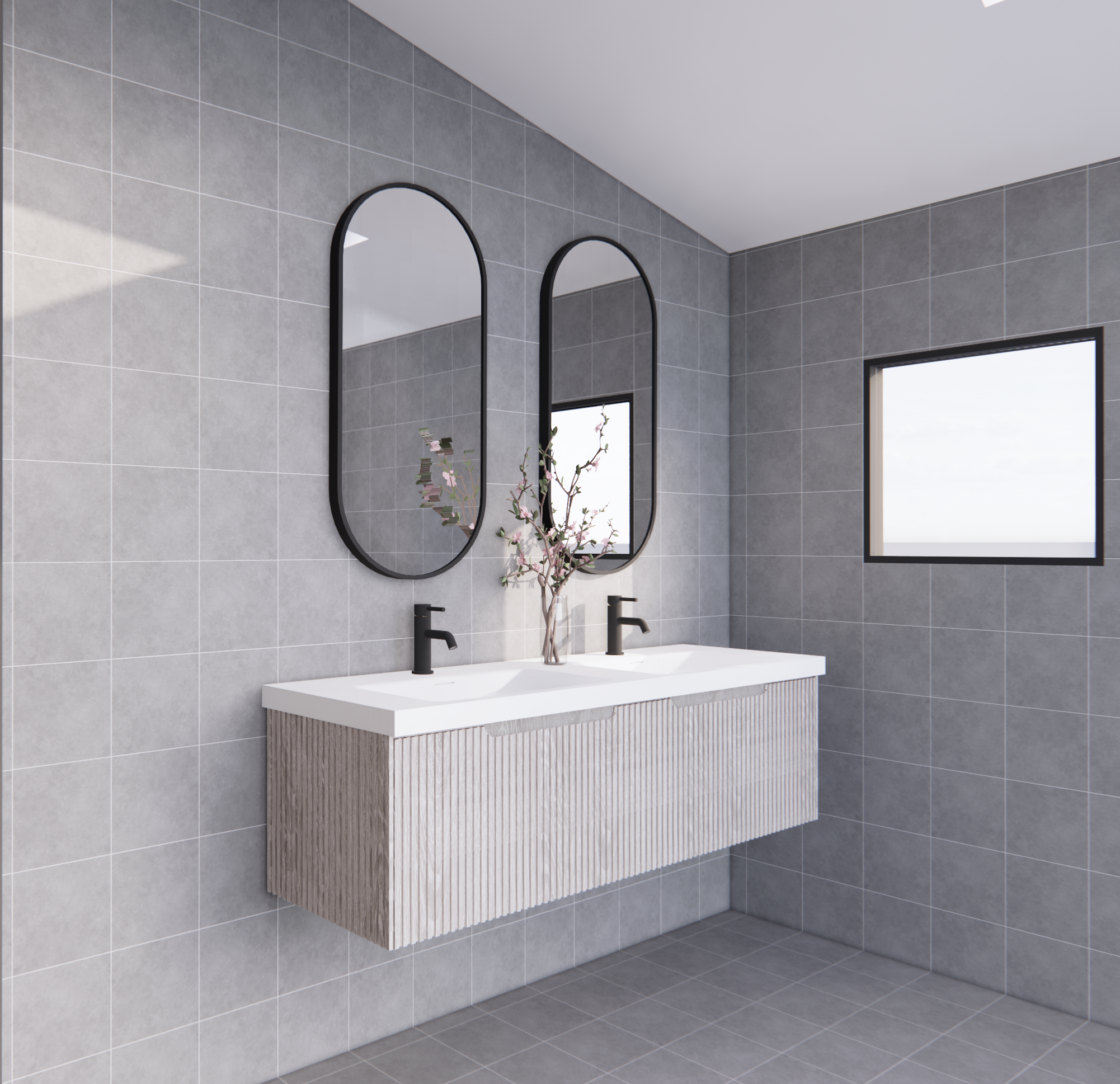 Modern grey double bathroom vanity with dual sinks, black tapware, and oval mirrors