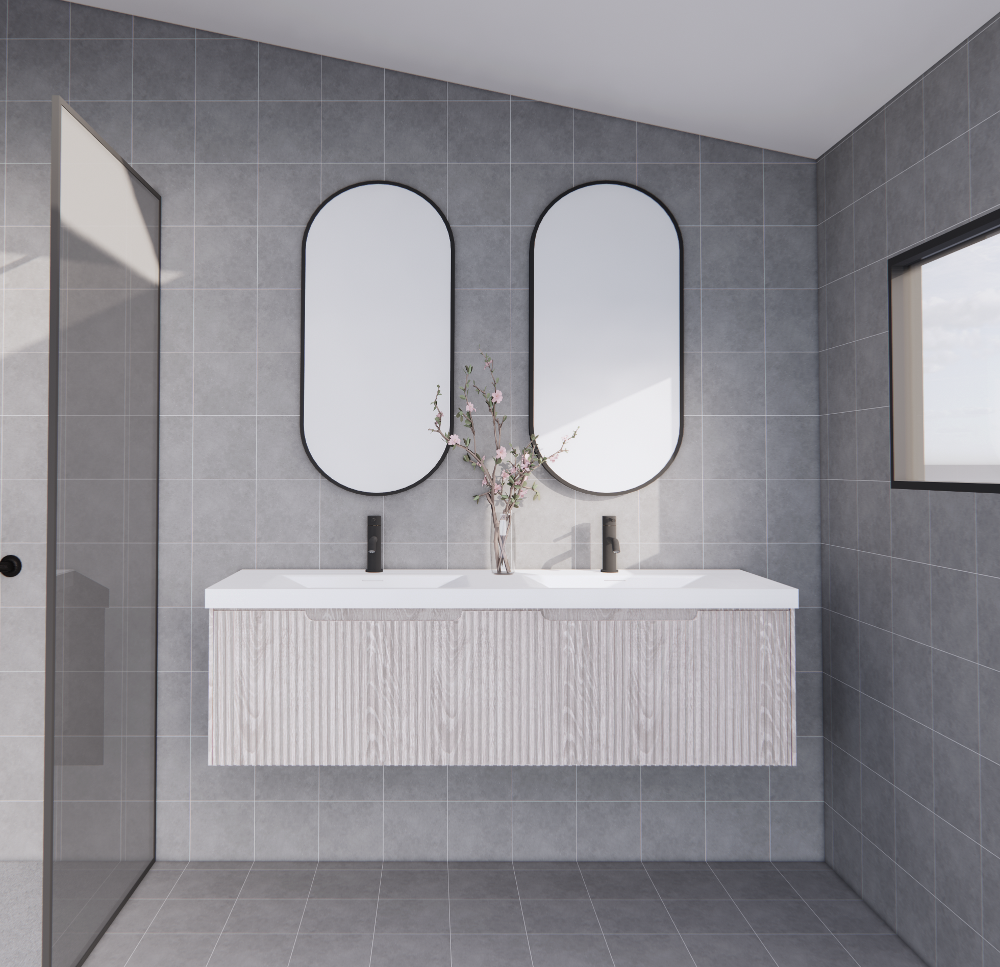 Modern grey double bathroom vanity with dual sinks, large mirrors, and minimalist decor