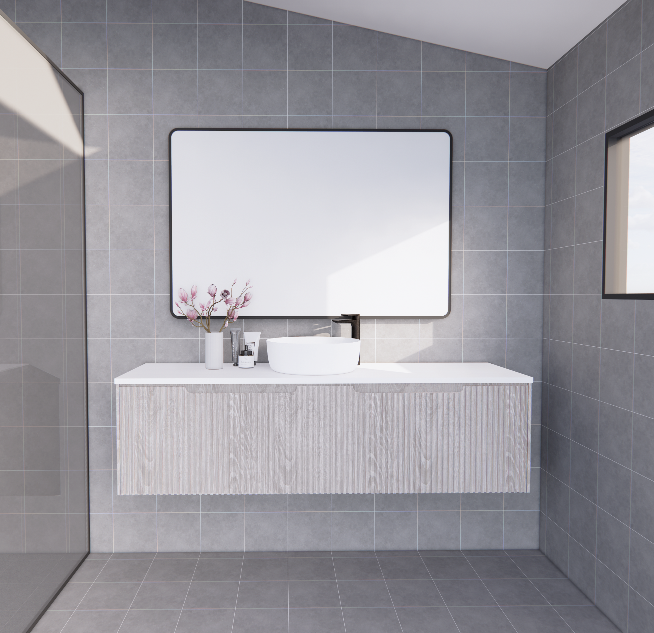 Modern grey bathroom with floating vanity, vessel sink, large mirror, and stylish accessories