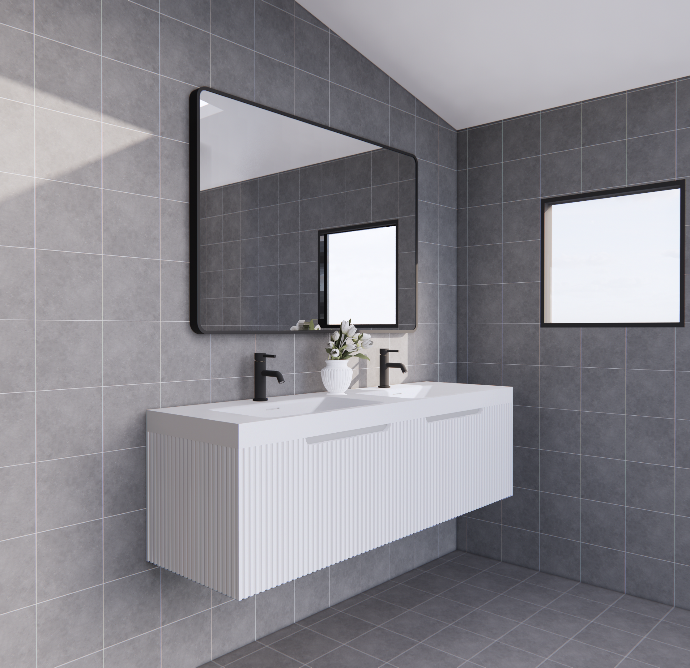 Modern white double bathroom vanity with fluted design, black taps, and large mirror in a tiled room