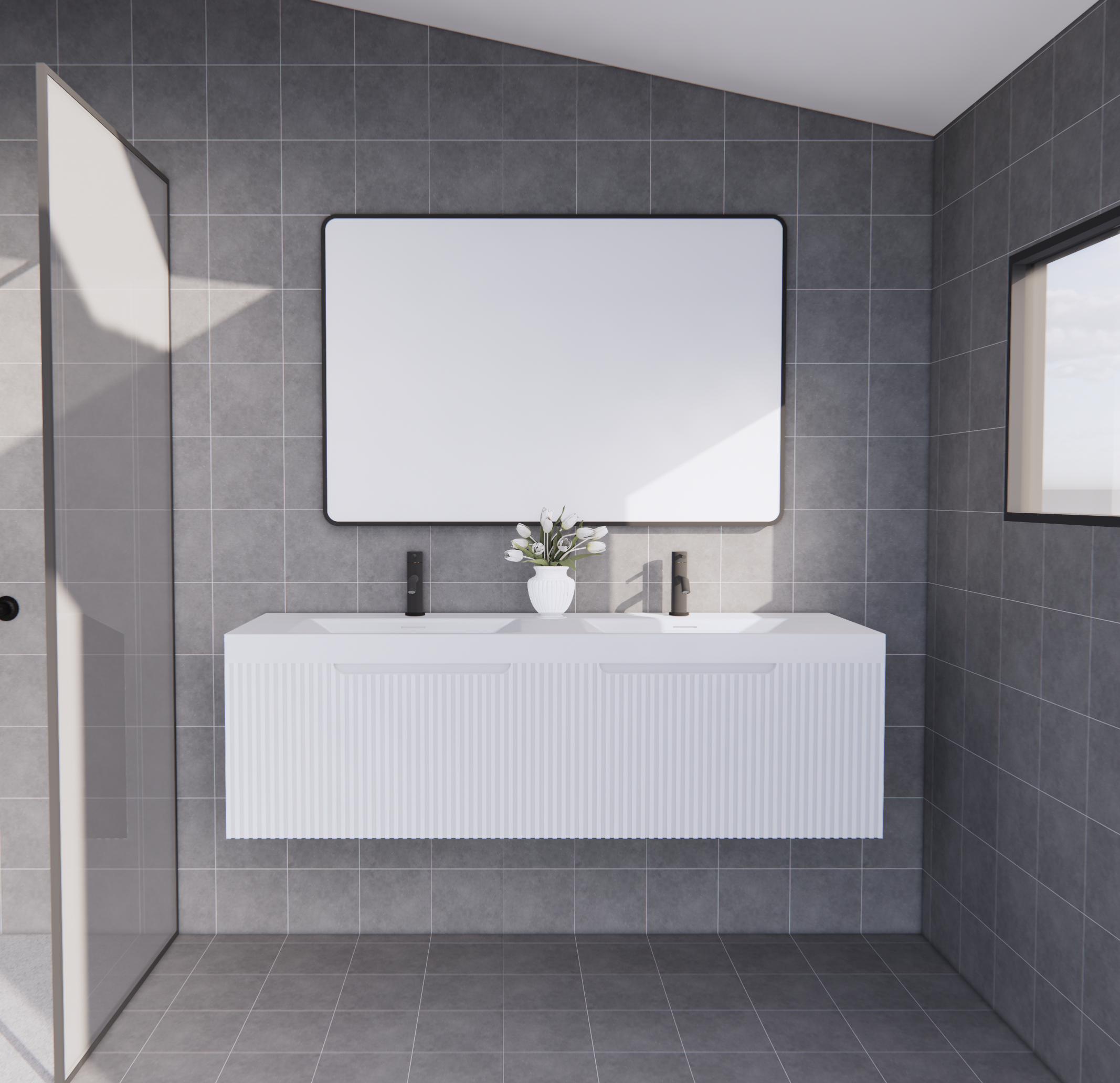Modern white double bathroom vanity with fluted design, black fixtures, and large mirror