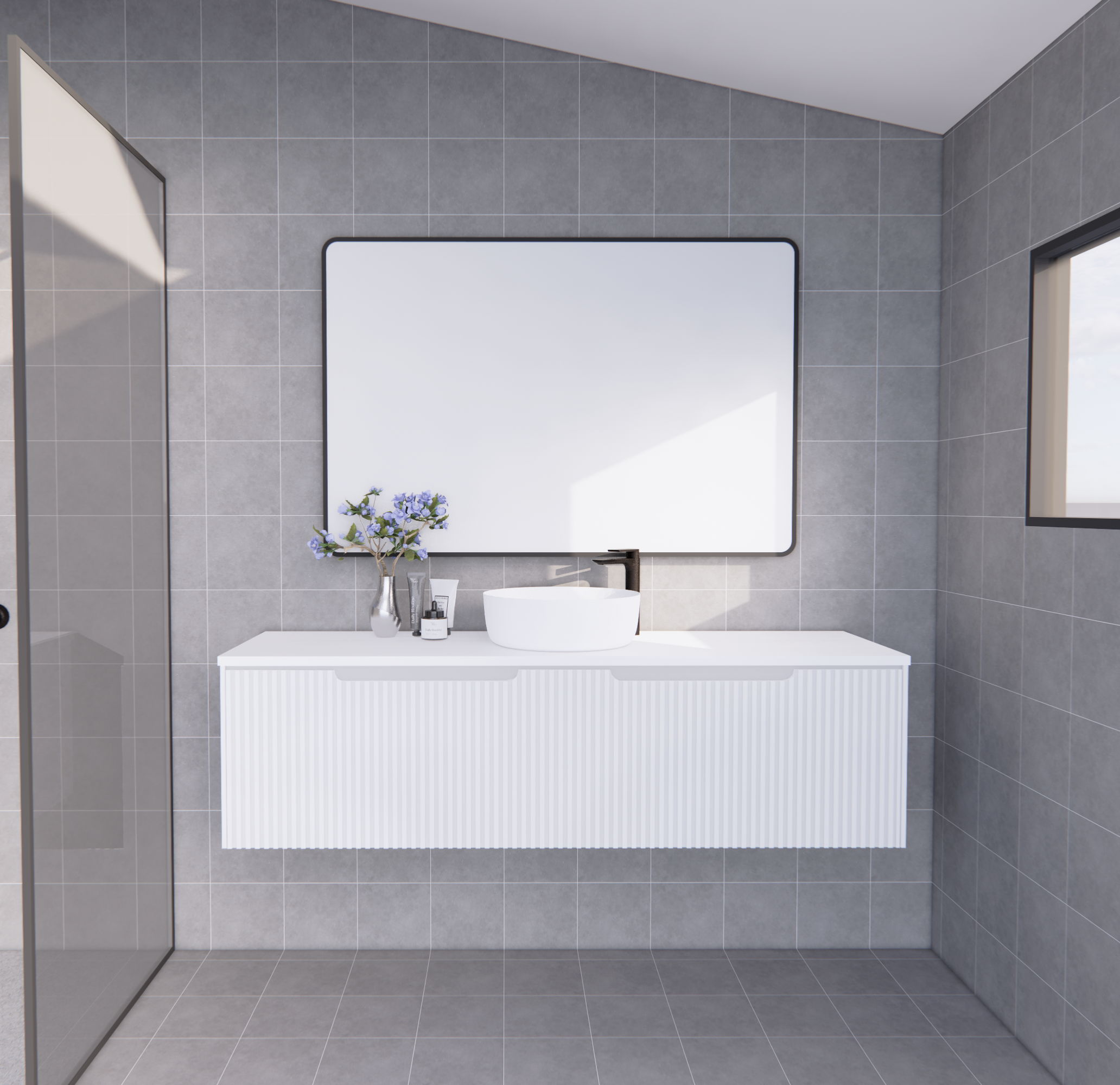 Modern white bathroom vanity with basin, mirror, and grey tiles from Secasa Home