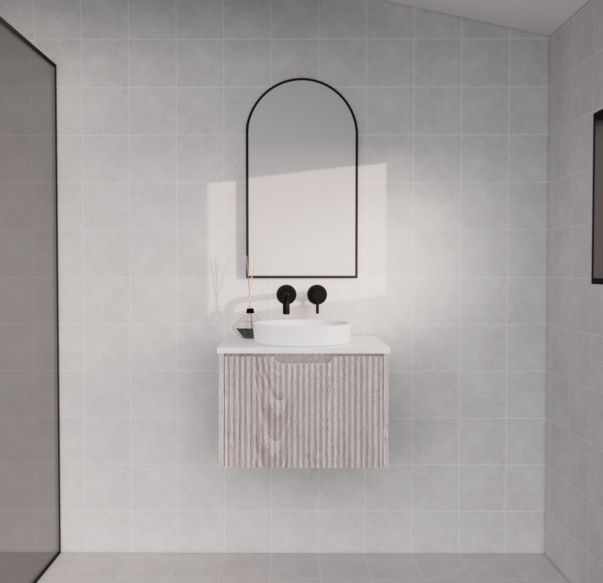 Modern bathroom with wall-mounted vanity, round basin, arched mirror, and matte black tapware.