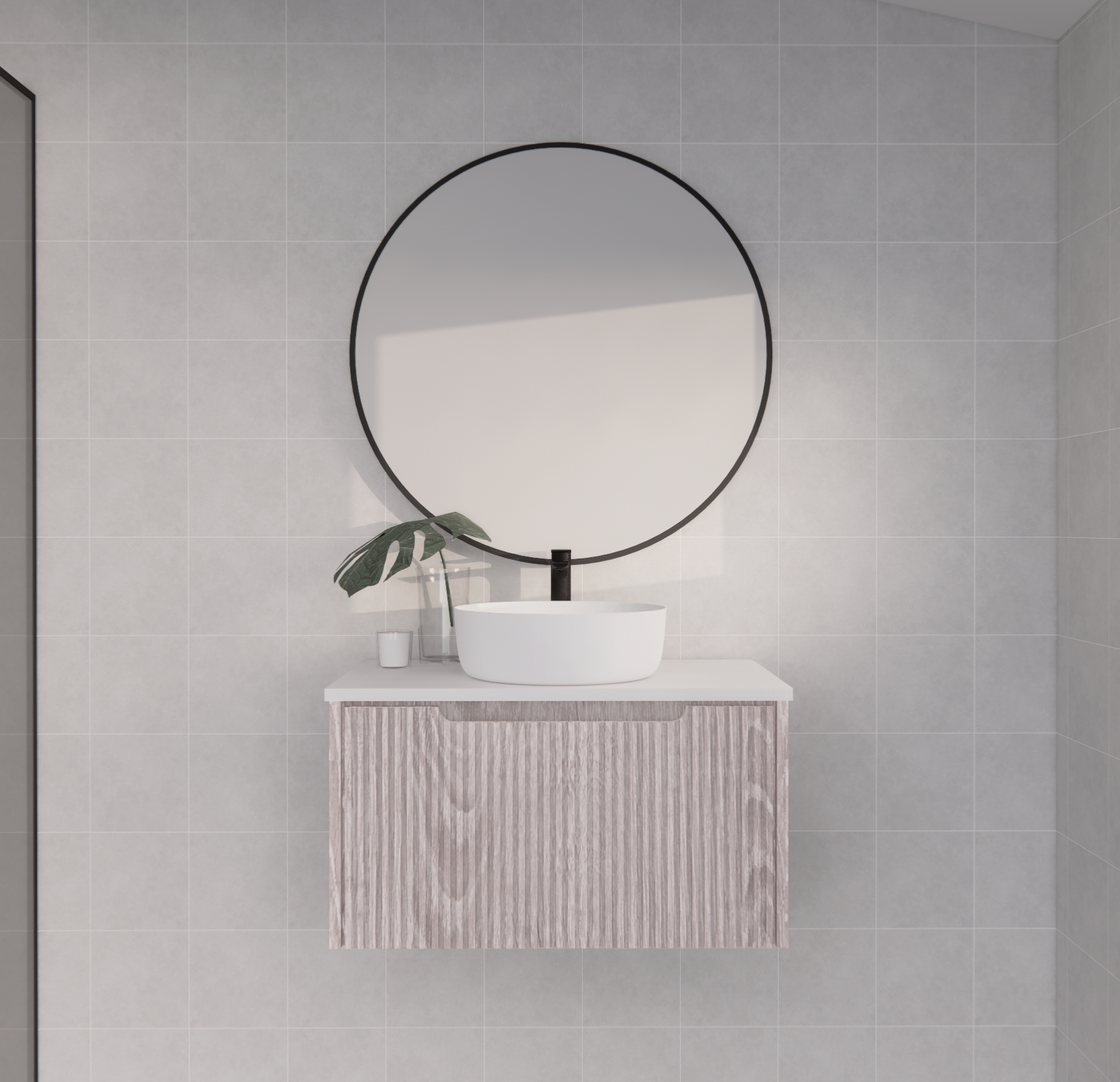 Modern grey fluted bathroom vanity with round mirror and vessel sink by Secasa Home