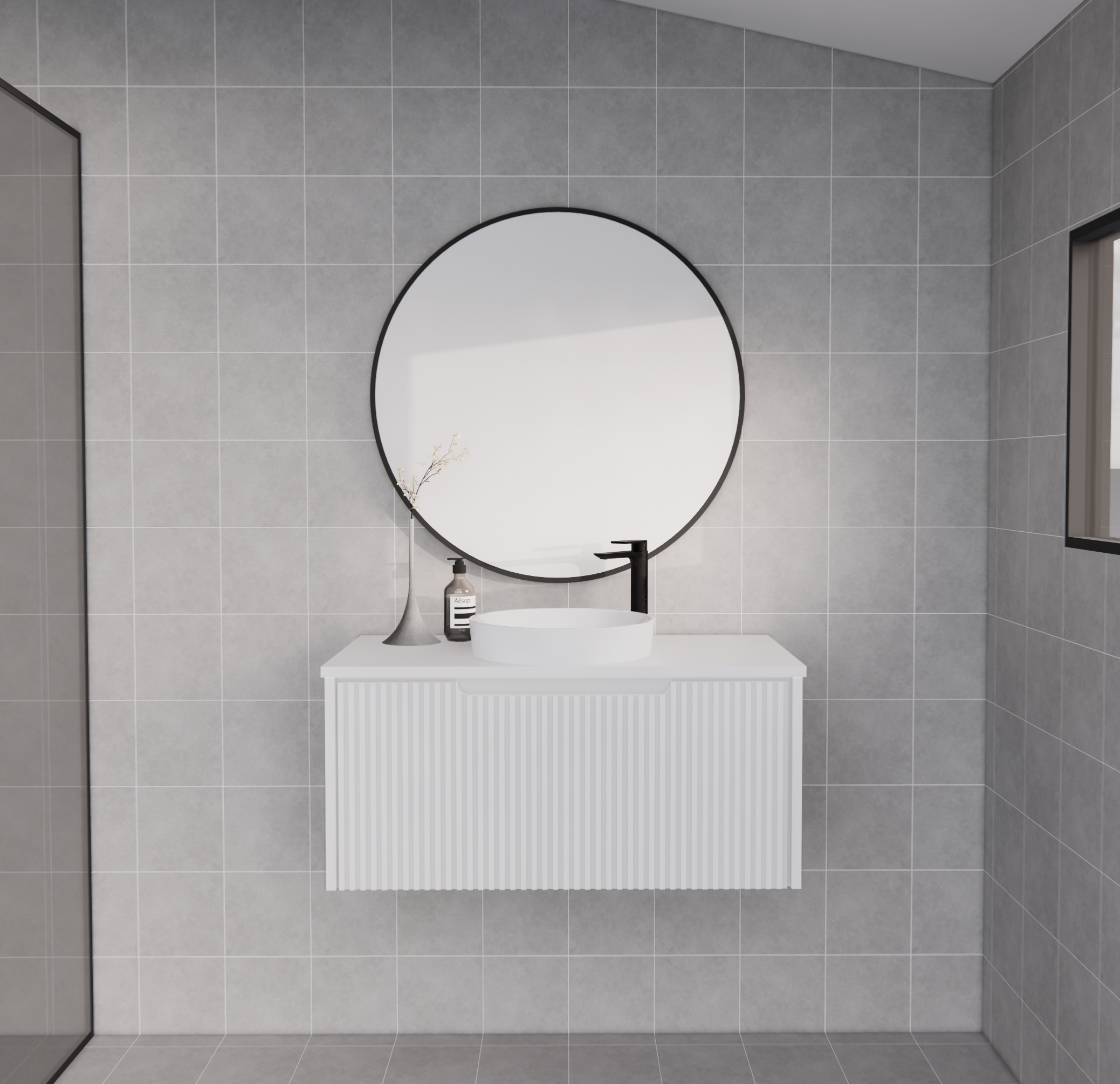 Modern white floating bathroom vanity with round mirror in a tiled bathroom, Secasa Home style