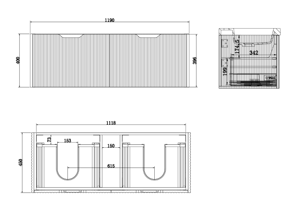 Technical drawing of a modern bathroom vanity with fluted front, double basin cutouts, and dimensions.