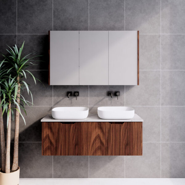Modern bathroom vanity with double sinks, wood cabinet, and wall mirror from Secasa Home