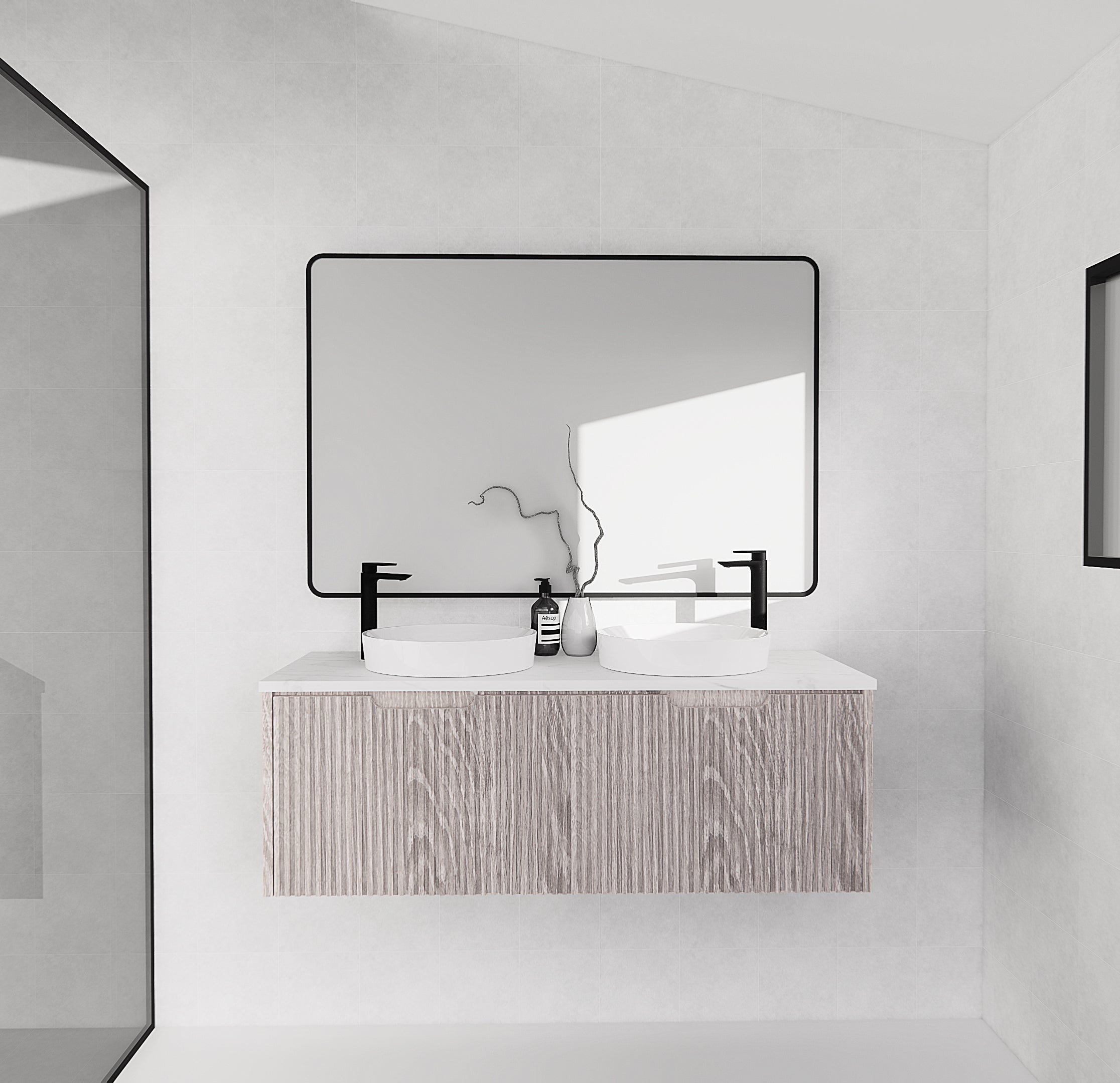 Modern bathroom with light wood floating vanity, dual sinks, black tapware, and large mirror
