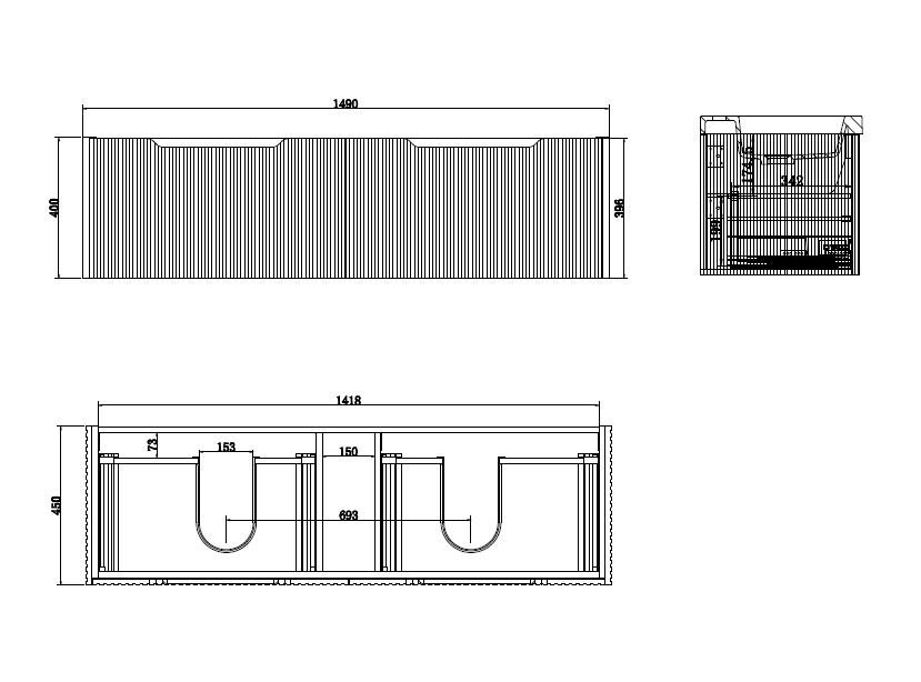 Technical drawing of a modern double bathroom vanity with measurements, Secasa Home design
