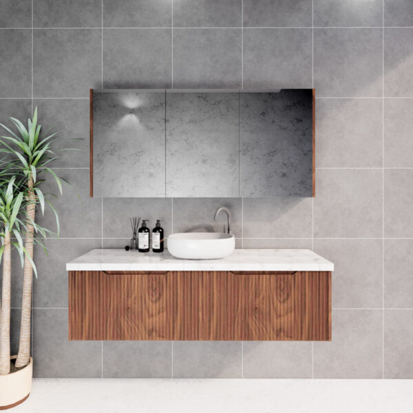 Modern wood floating bathroom vanity with marble top and mirror, styled by Secasa Home