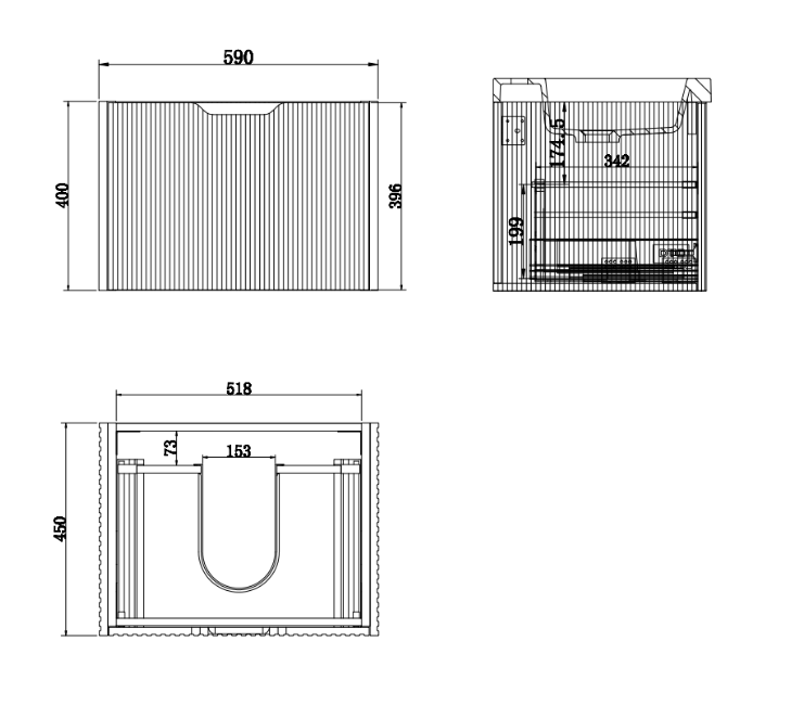 Technical drawing of Secasa Home Vienna bathroom vanity, showing detailed dimensions and lines.