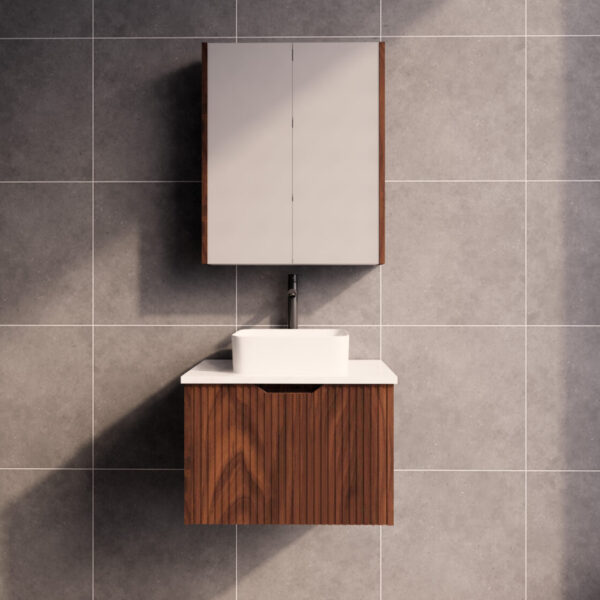Modern wall-hung bathroom vanity with wood finish and white basin, grey tiled wall