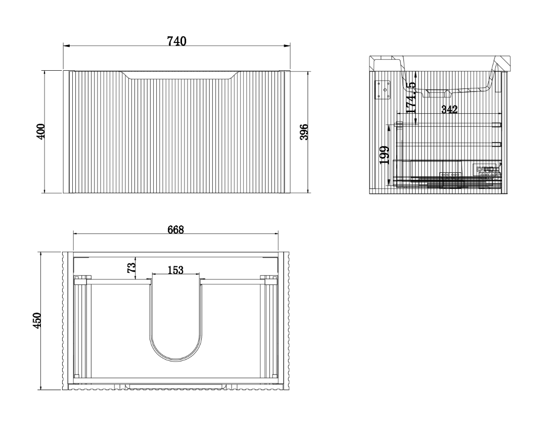 Vienna bathroom vanity technical drawing with dimensions, fluted design, Secasa Home