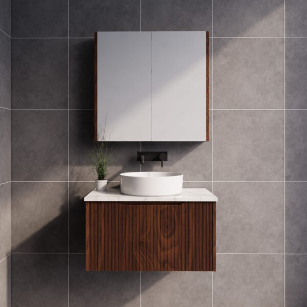 Modern wall-hung bathroom vanity with round basin and wood finish by Secasa Home