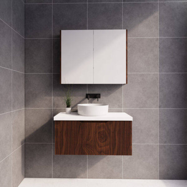 Modern bathroom vanity with wood finish, vessel sink, and wall-mounted cabinet by Secasa Home