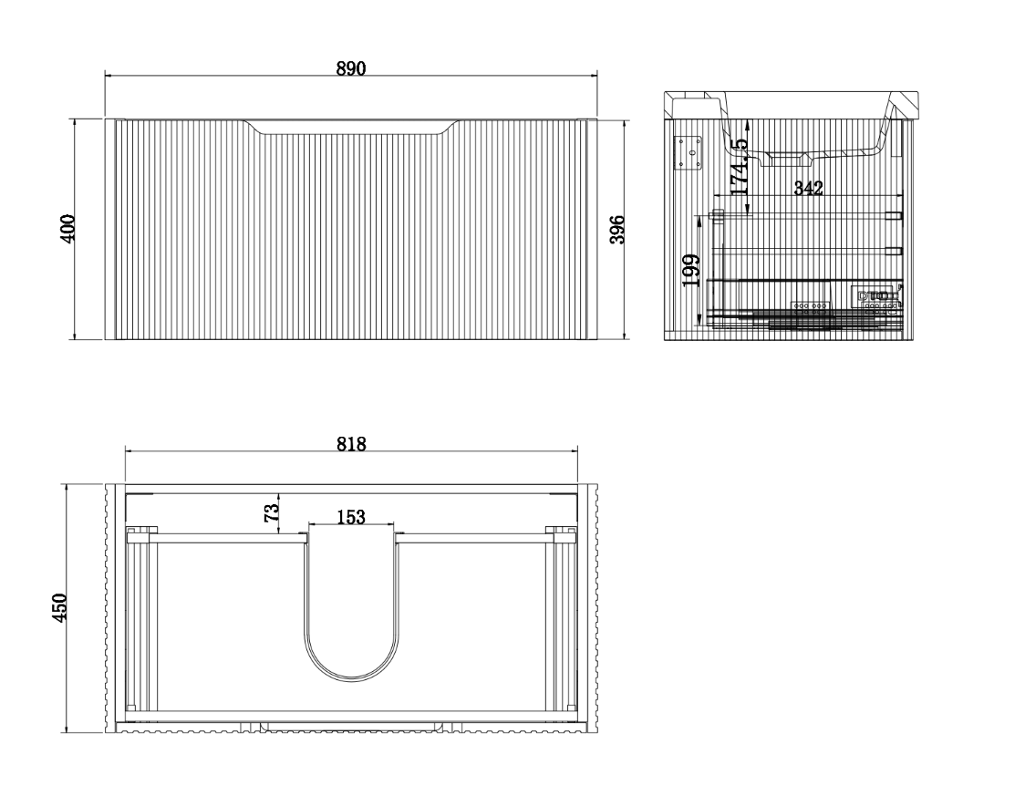 Technical drawing of modern bathroom vanity with dimensions, Secasa Home renovation product.